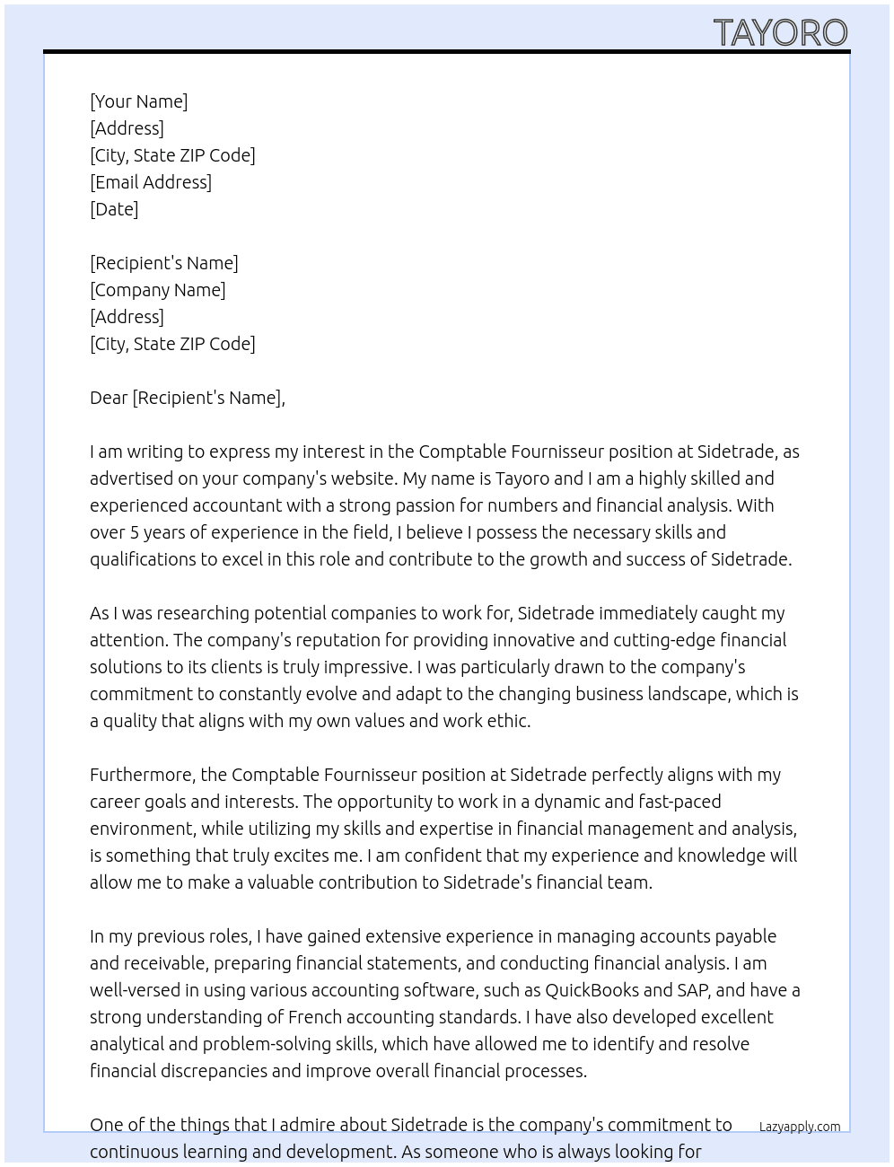 comptable fournissur  At sidetrade Cover Letter