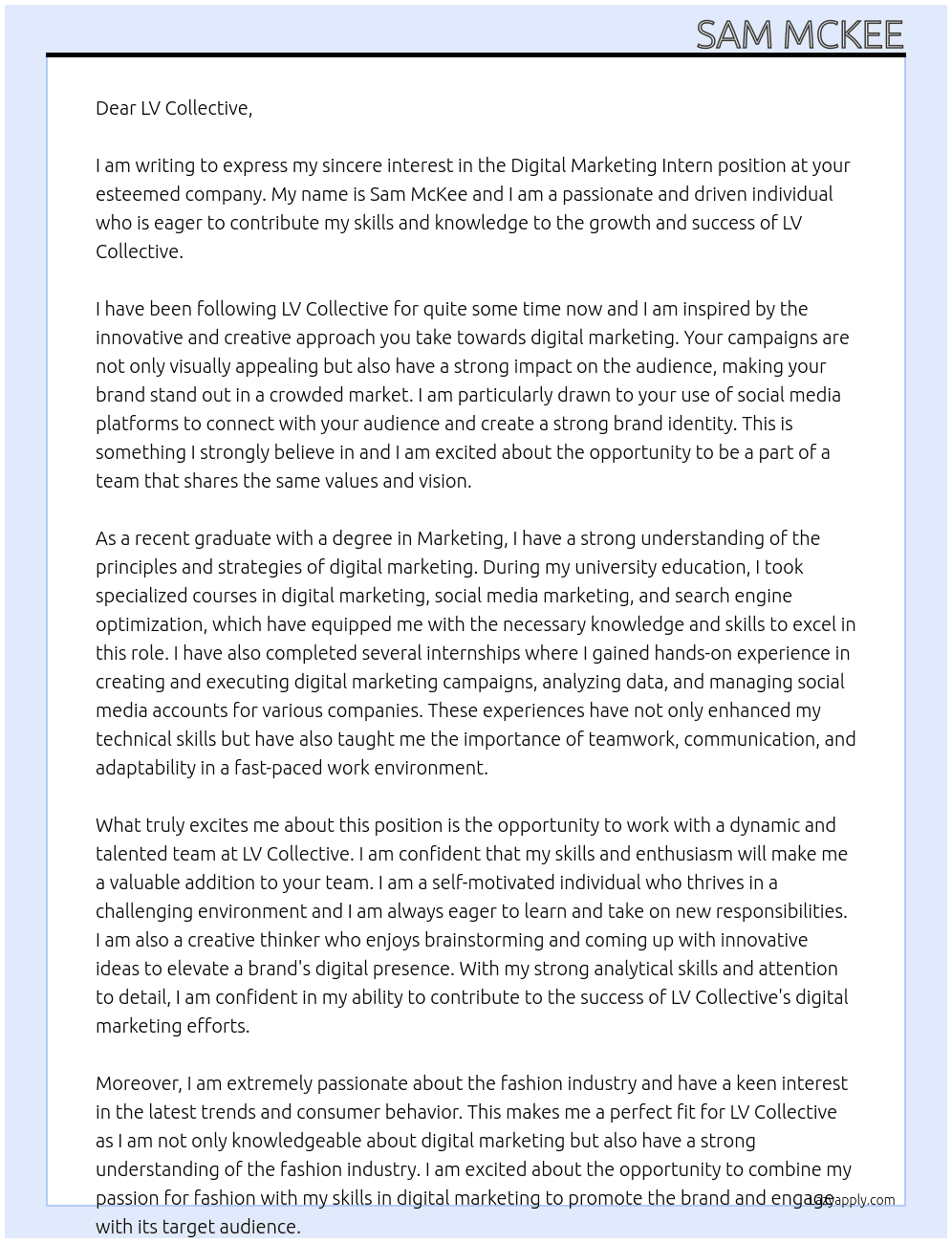 Digital Marketing Intern At LV Collective Cover Letter