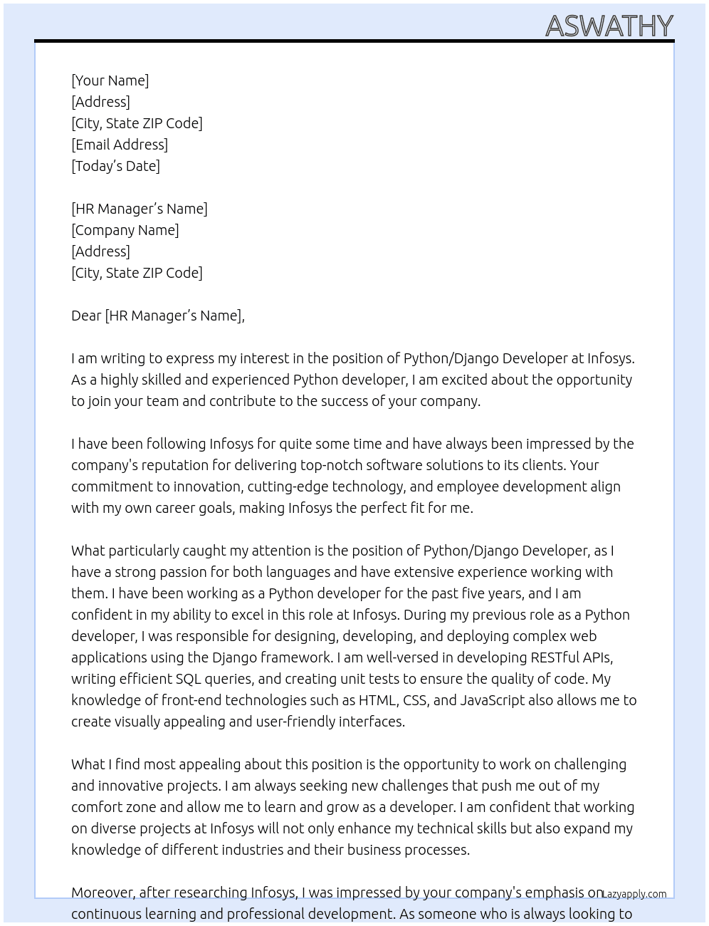 Python/Django Developer At Infosys Cover Letter
