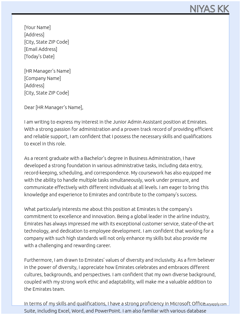 Cover letter for junior admin asisstent - LazyApply
