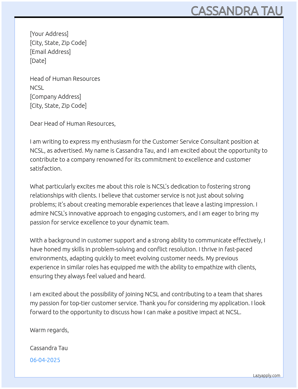 Customer service consultant At NCSL Cover Letter