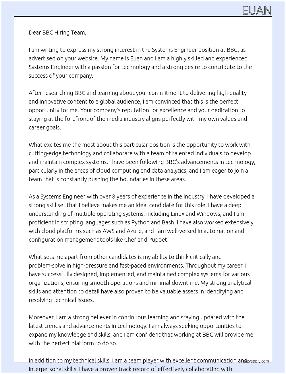 Systems engineer At bbc Cover Letter