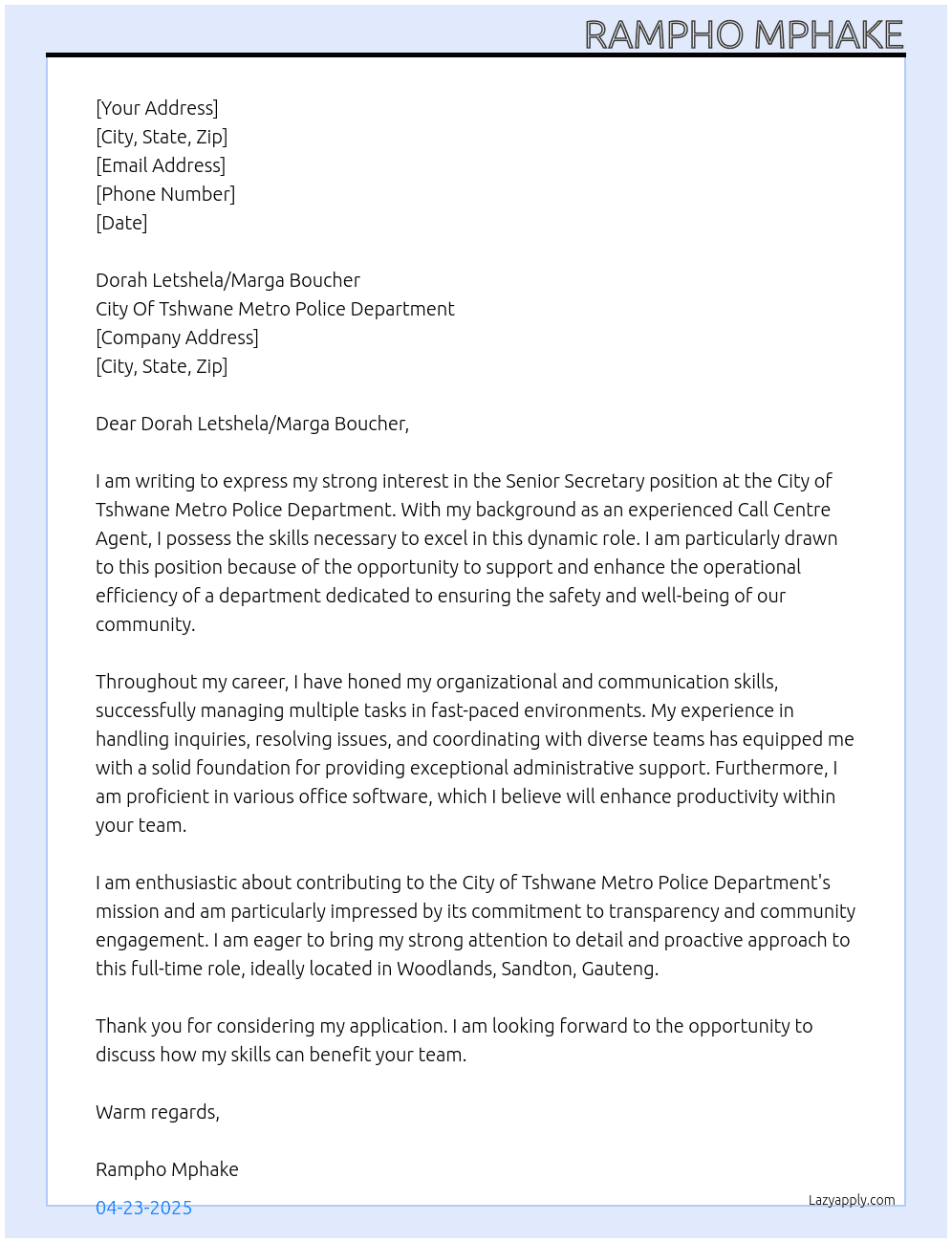 Senior Secretary At City Of Tshwane Metro PoliceDepartment Cover Letter