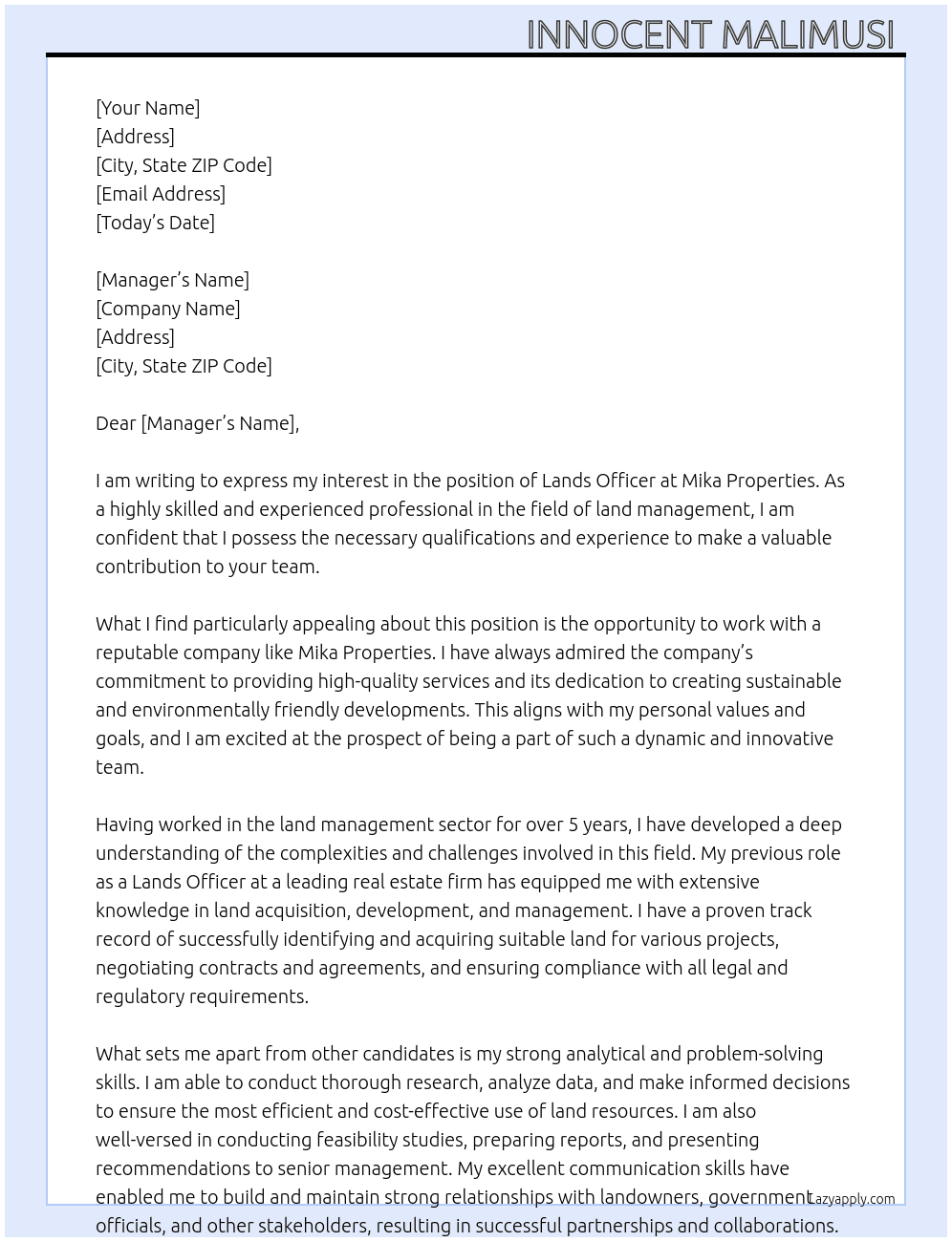 Lands officer  At Mika properties  Cover Letter