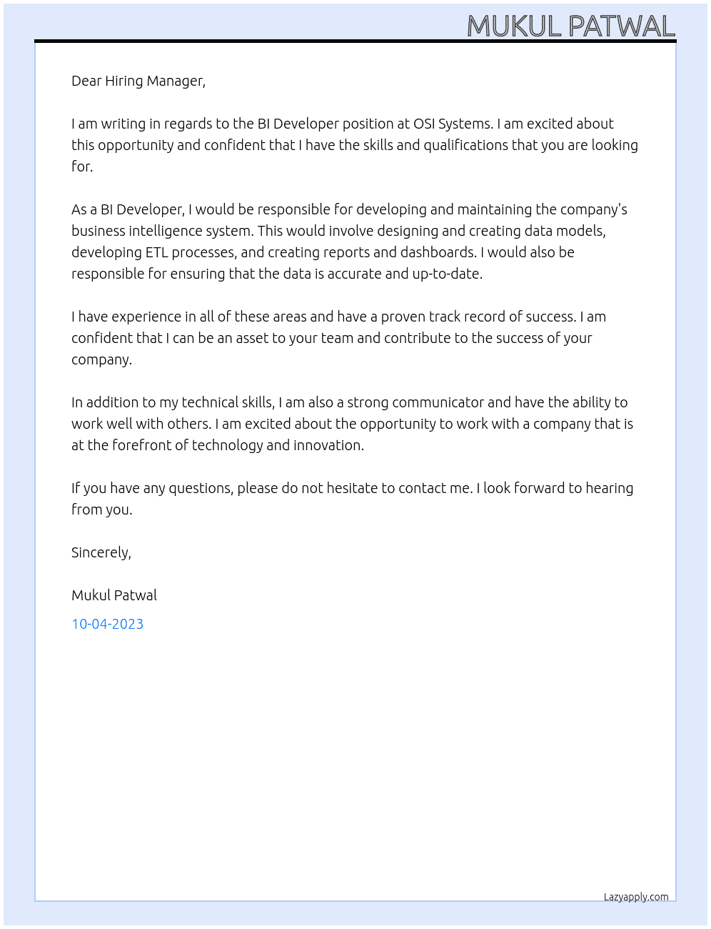 BI Developer At OSI Systems Cover Letter