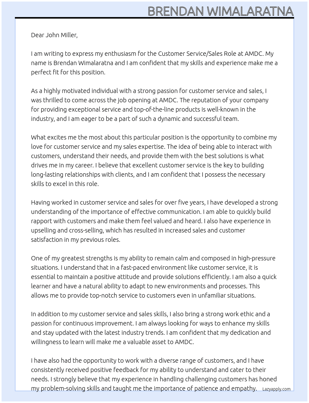Customer Service / Sales Role At AMDC Cover Letter
