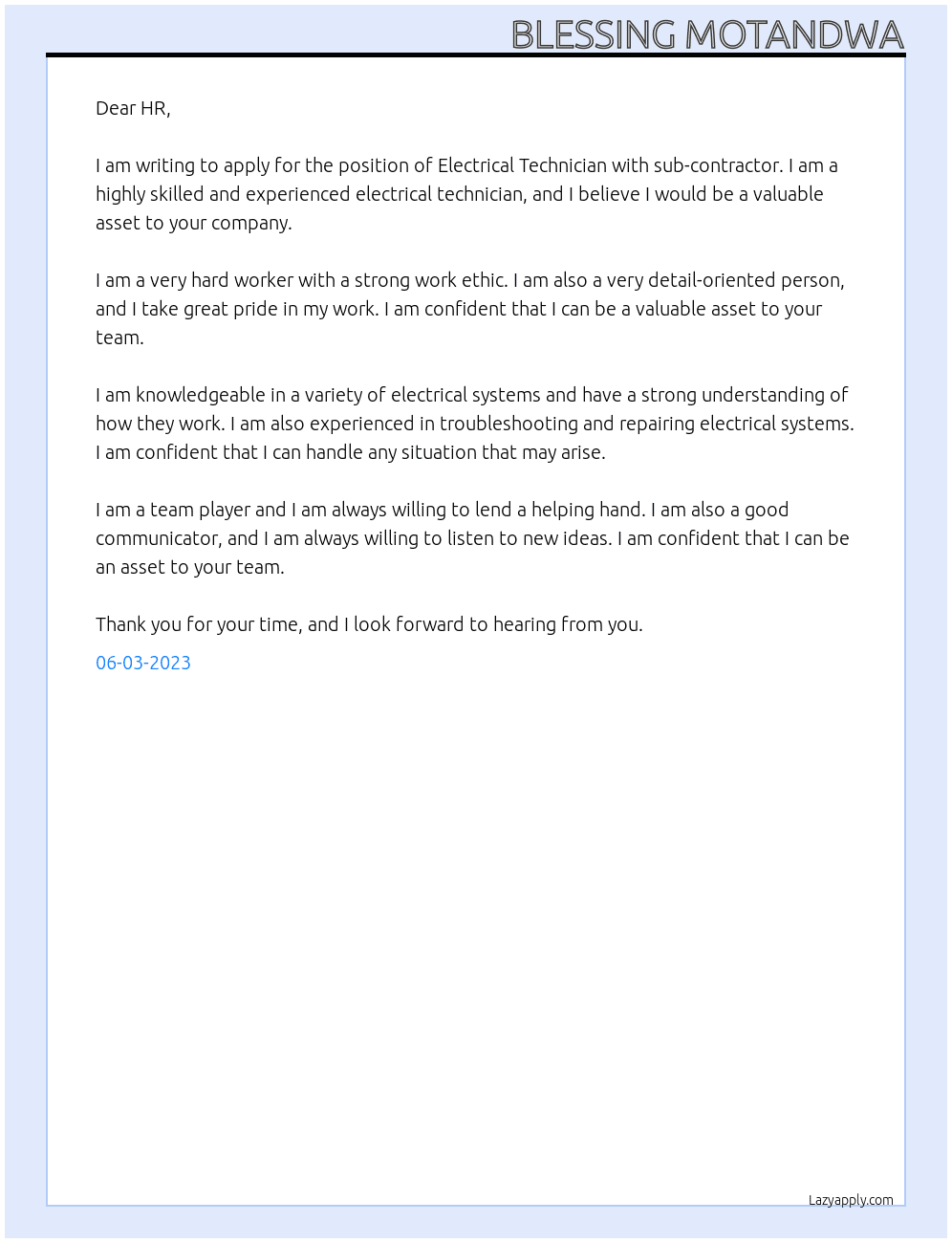 Electrical Technician  At sub-contractor Cover Letter