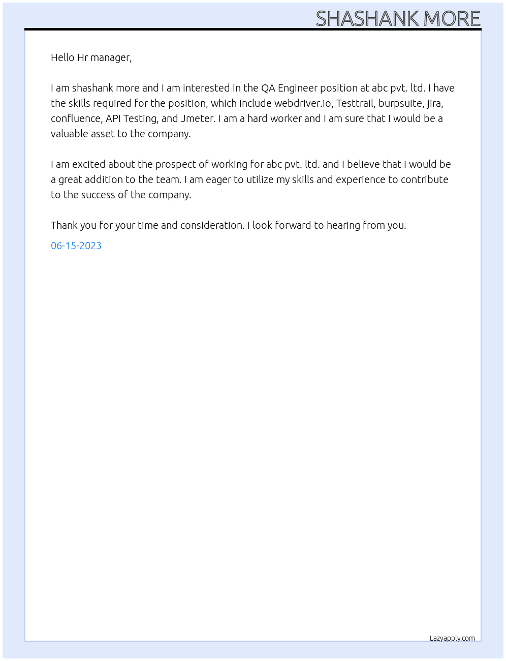 QA Engineer At abc pvt. ltd. Cover Letter