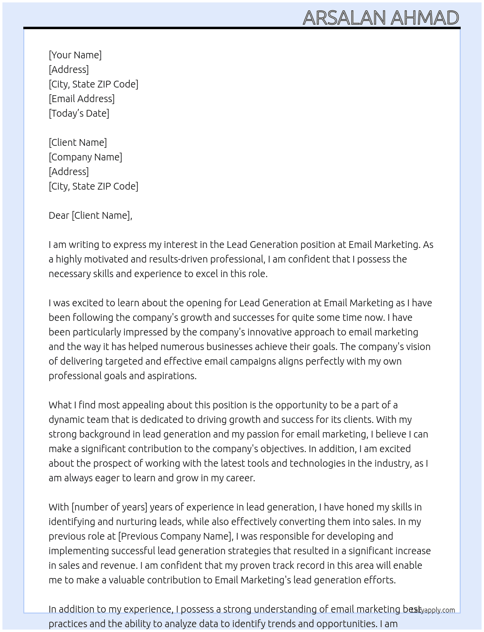 lead genration At Email marketing Cover Letter