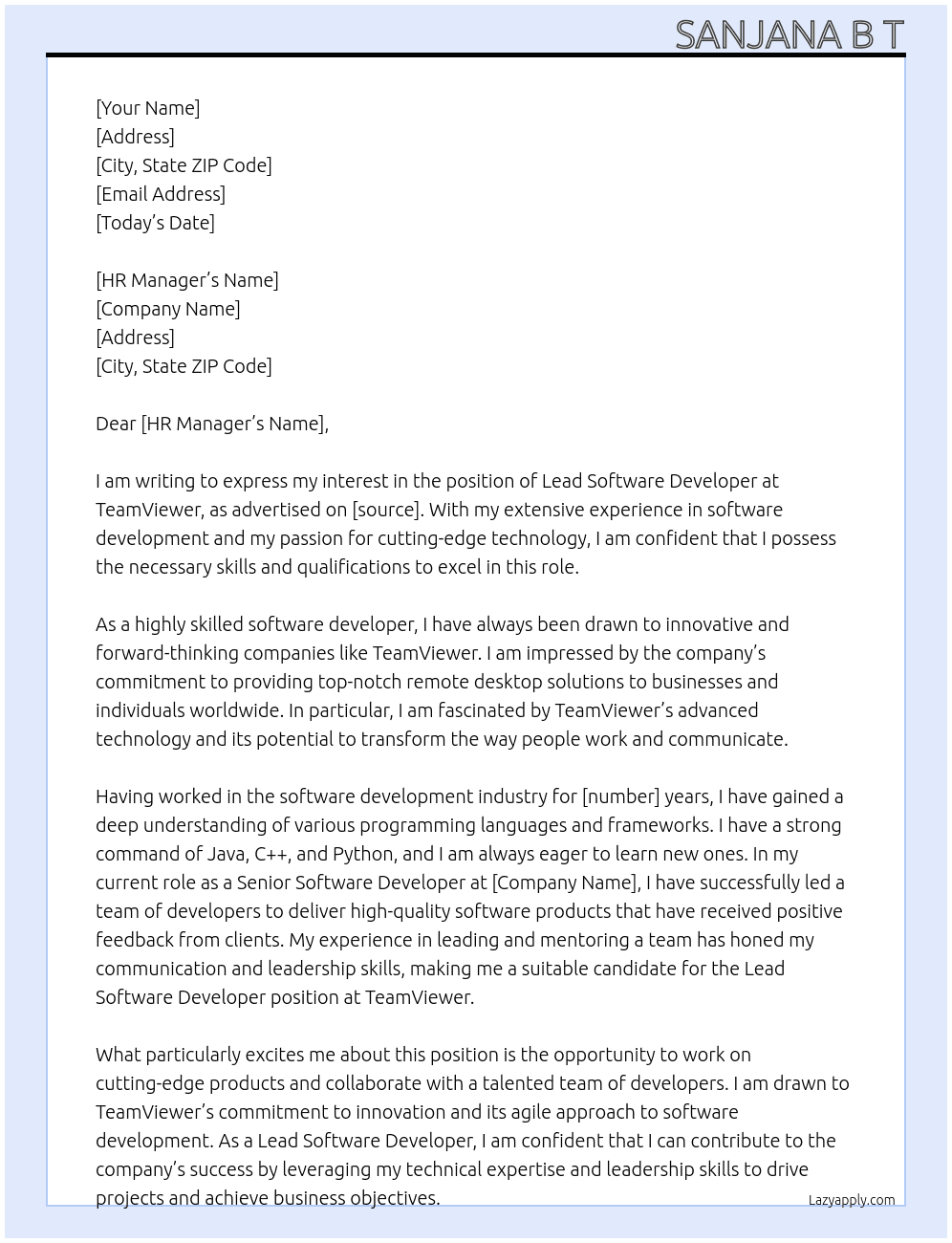 Lead software developer At TeamViewer Cover Letter