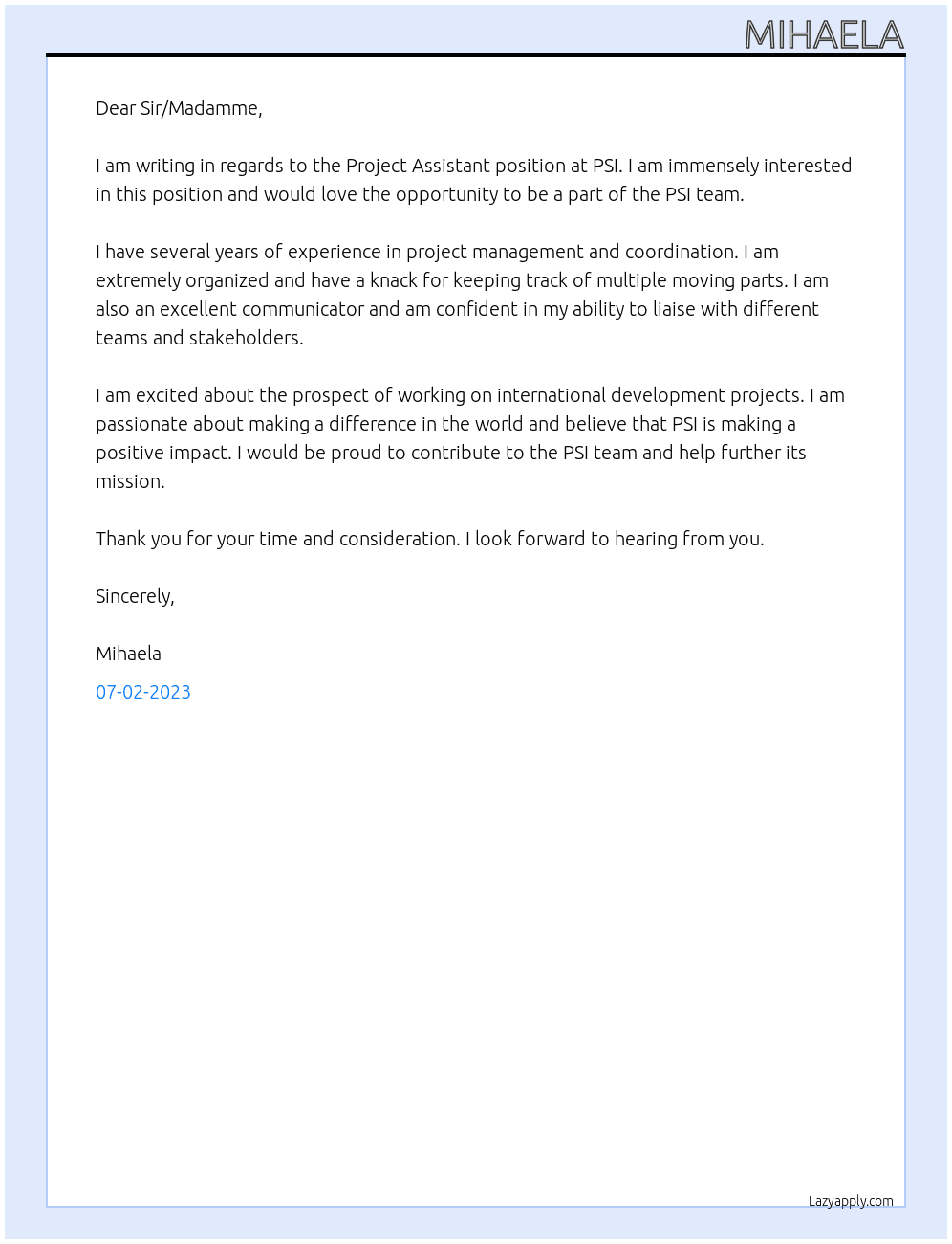 Project Assistant At PSI Cover Letter