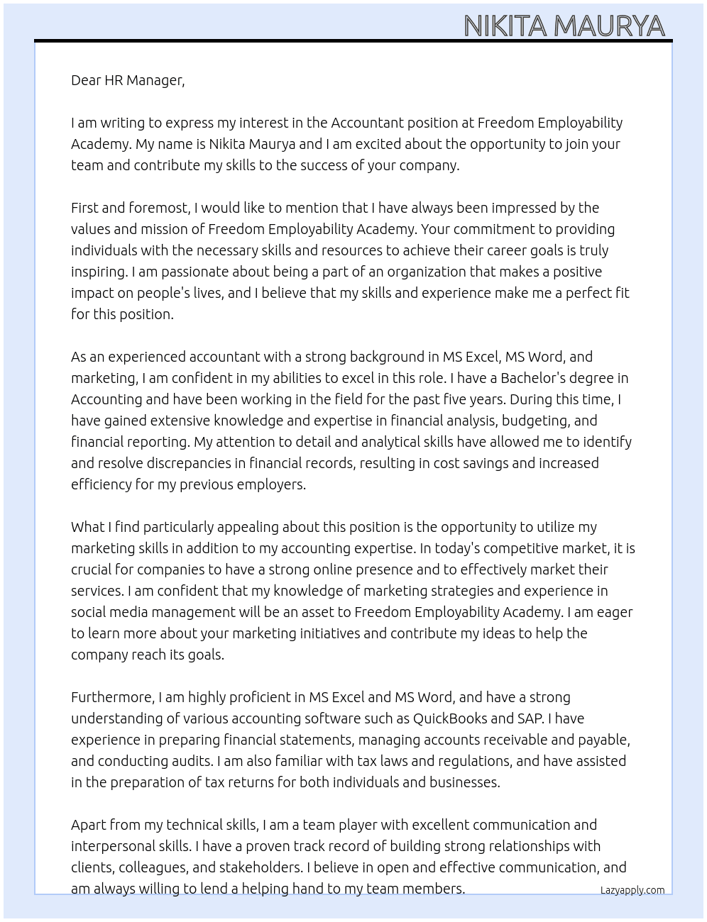 Accountant At Freedom Employability Academy Cover Letter