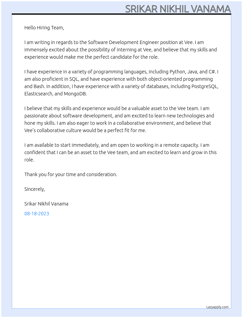 Software Development Engineer At Vee Cover Letter