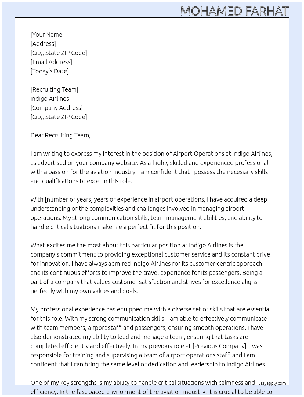 Airport operations  At Indigo airlines  Cover Letter