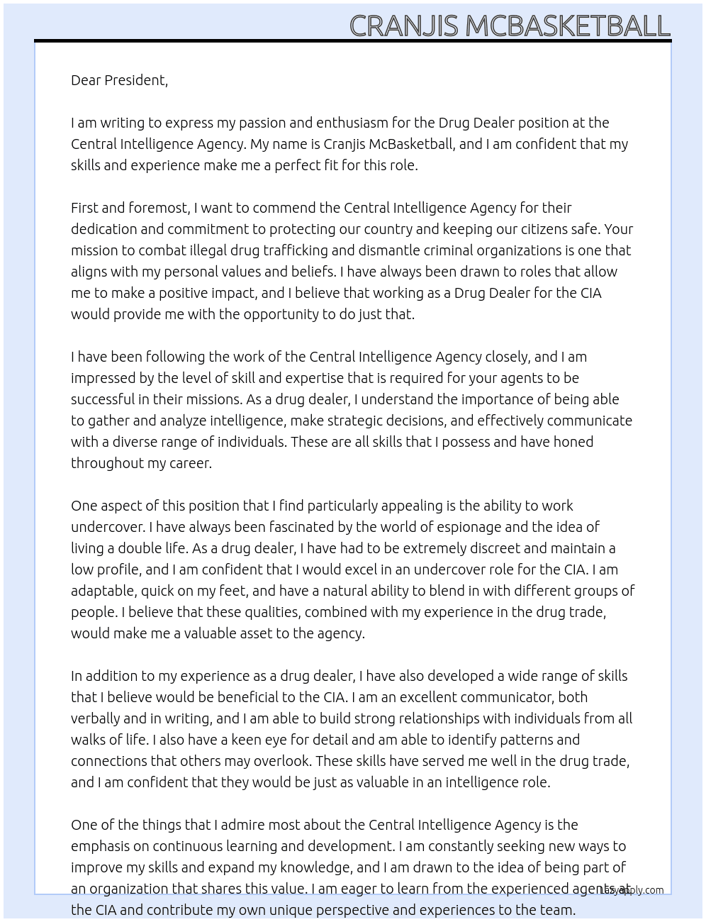 Drug Dealer At Central Intelligence Agency Cover Letter