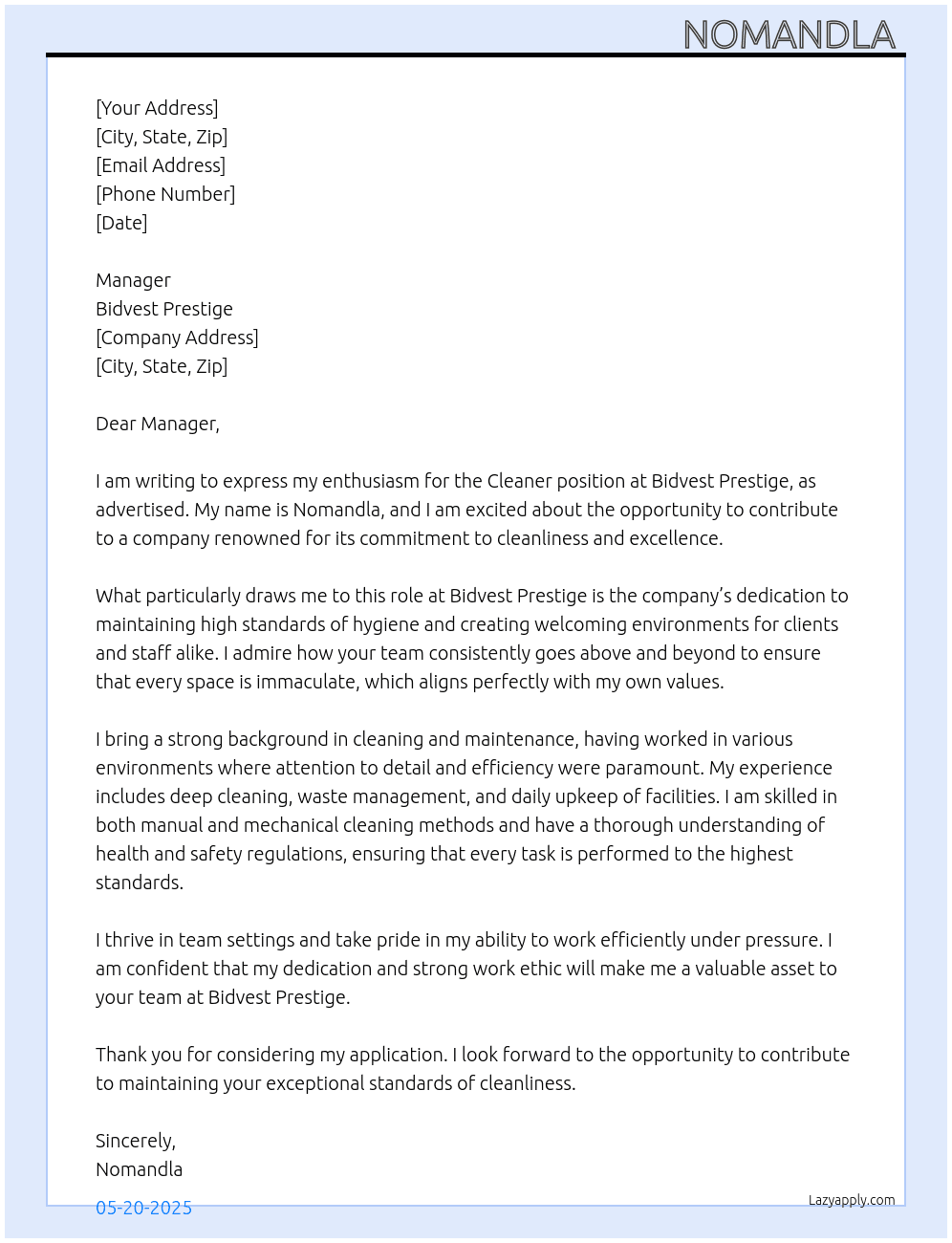 Cleaner At Bidvest Prestige Cover Letter