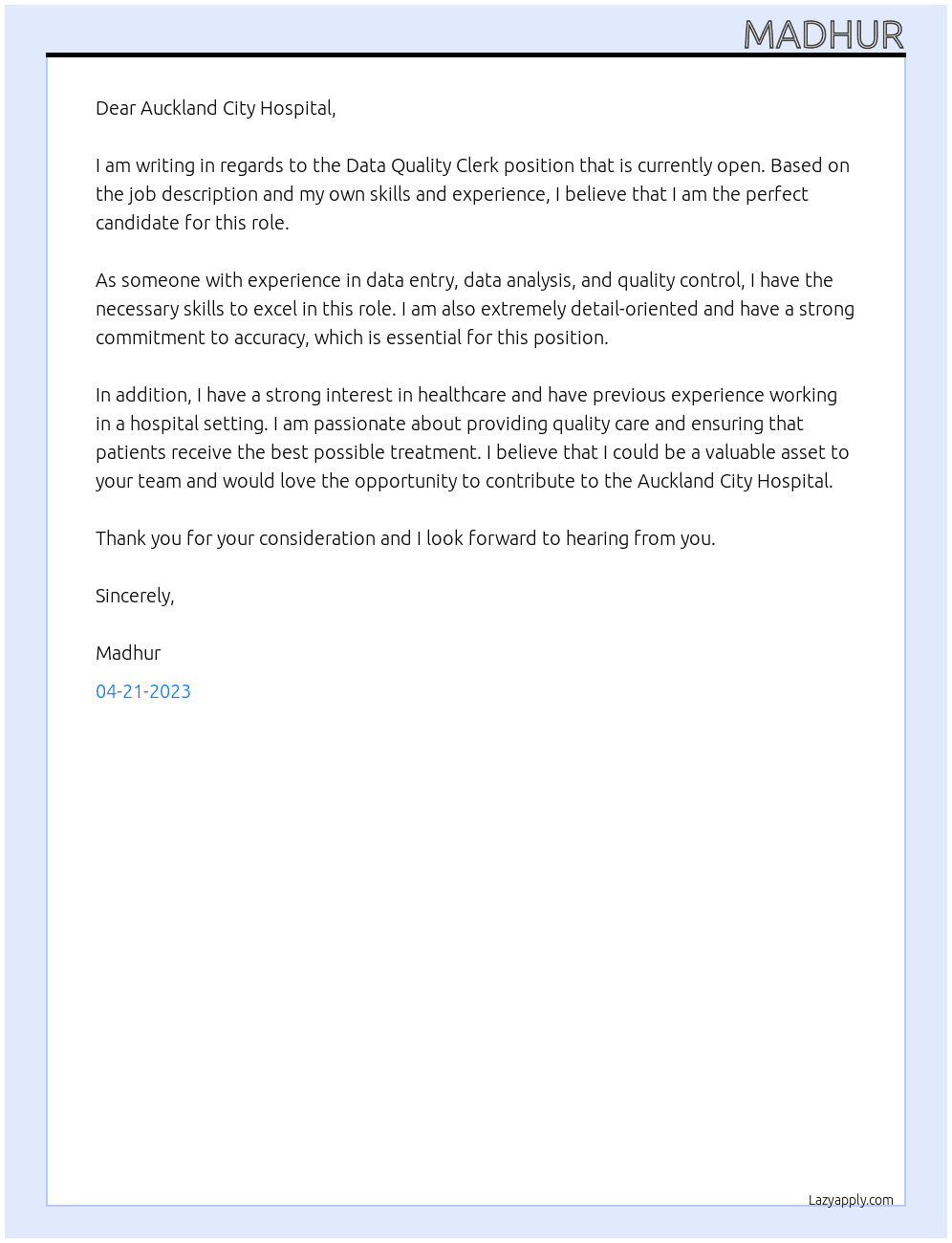 Data Quality Clerk At Auckland City Hospital Cover Letter