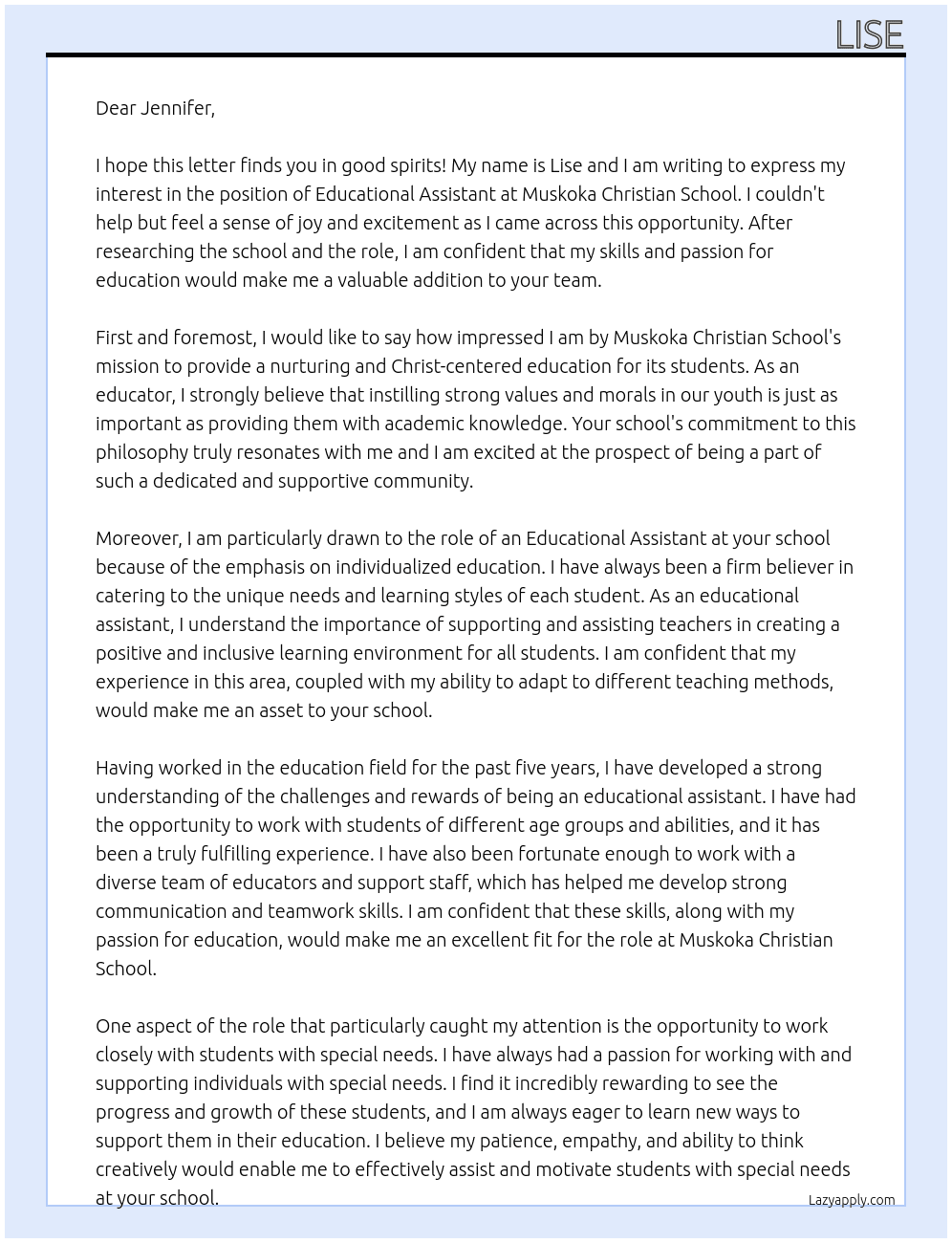 Educational Assistant At Muskoka Christian School Cover Letter