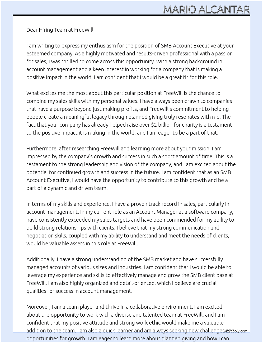 SMB Account Executive  At FreeWill  Cover Letter