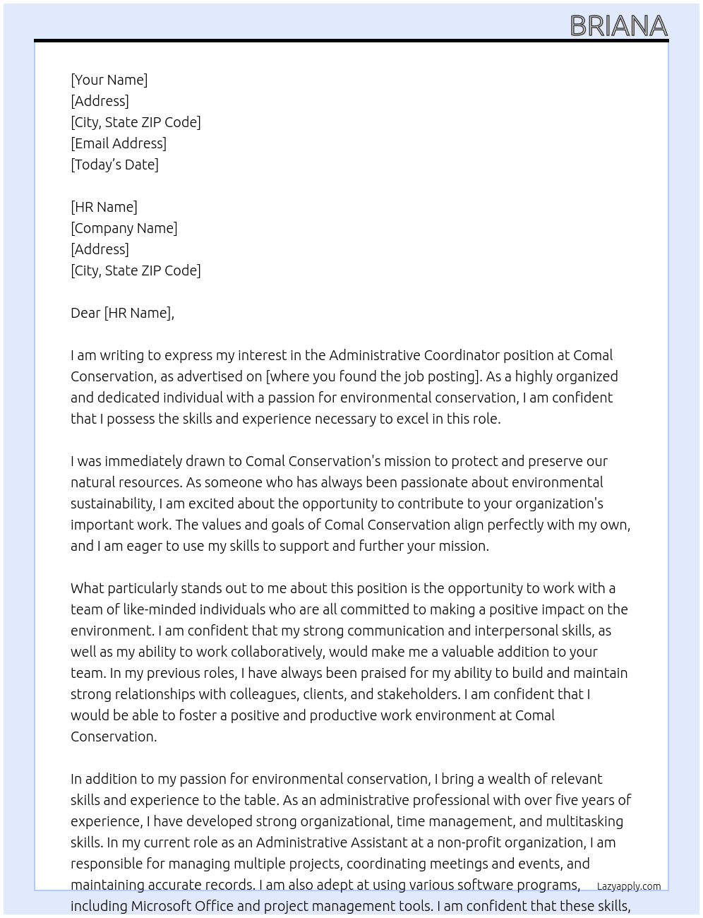 Administrative Coordinator At Comal Conservation Cover Letter