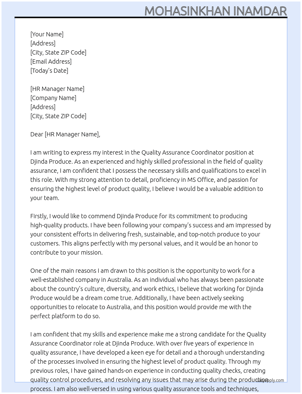 quality assurance coordinator At Djinda Produce Cover Letter
