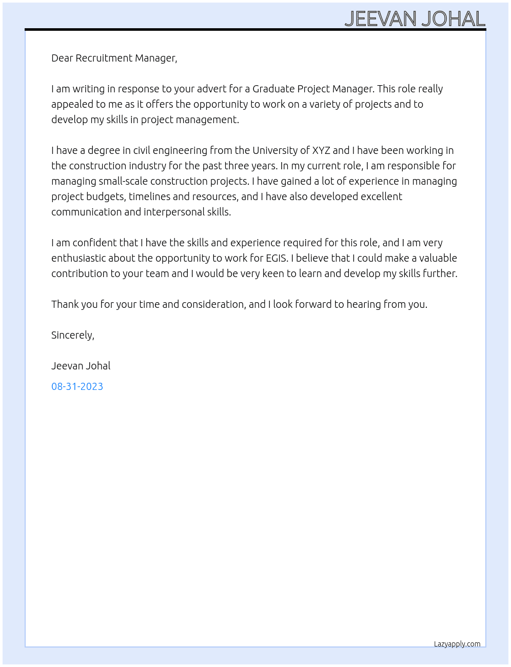 Graduate Project Manager At EGIS Cover Letter