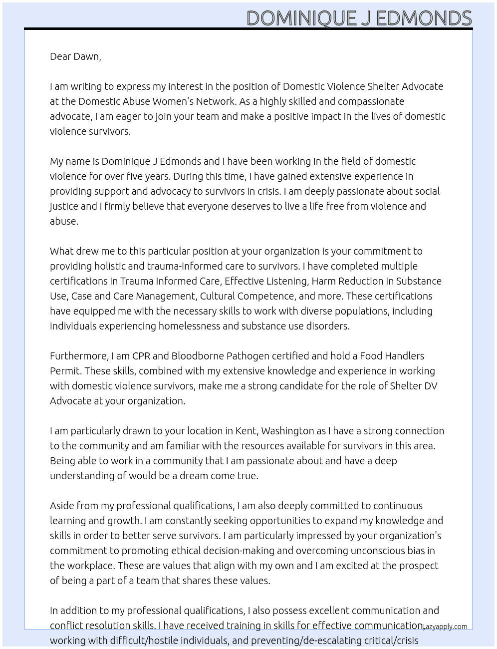 Domestic Violence Shelter Advocate At Domestic Abuse Women's Network Cover Letter