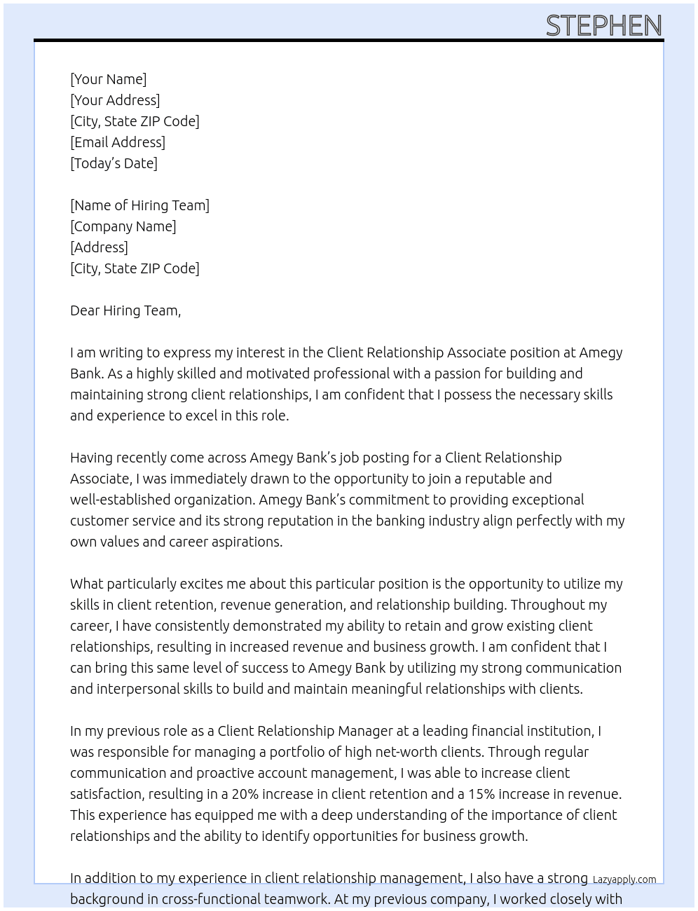 Client Relationship Associate At Amegy Bank Cover Letter