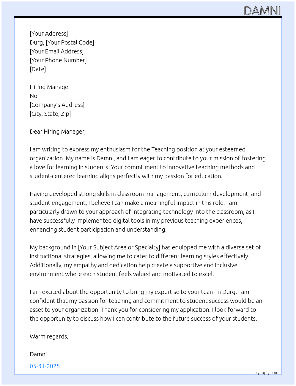 Teaching  At No Cover Letter