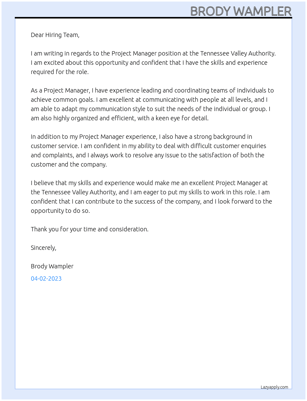 Project Manager At Tennessee Valley Authority Cover Letter