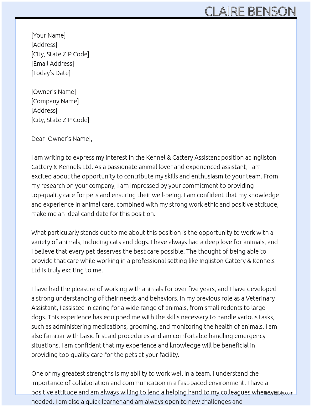 Kennel & Cattery Assistant At Ingliston Cattery & Kennels Ltd Cover Letter