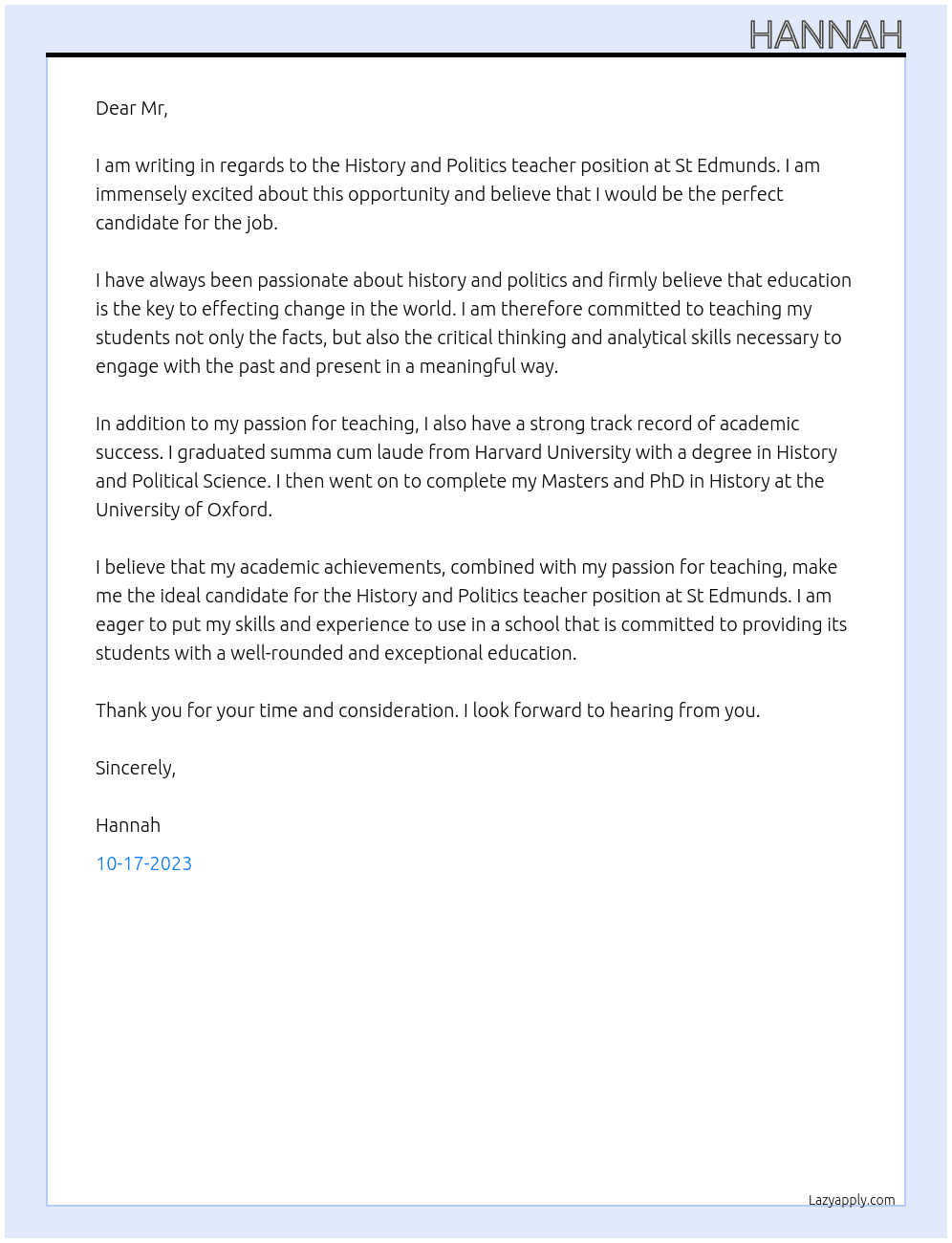 History and Politics teacher At St Edmunds  Cover Letter