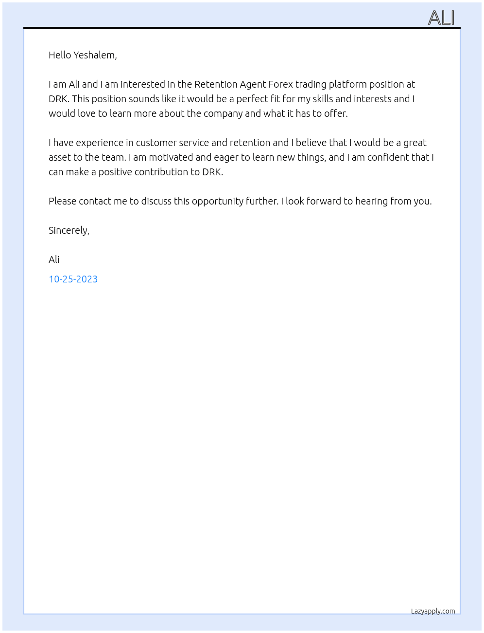 Retention Agent Forex trading platform  At DRK Cover Letter