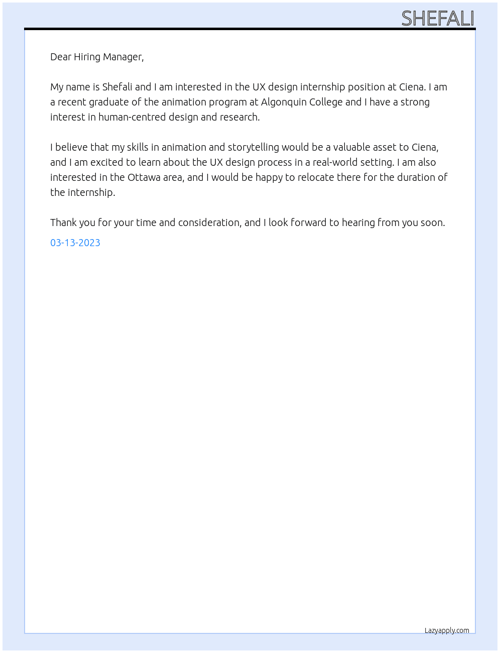 ux design internship At Ciena Cover Letter