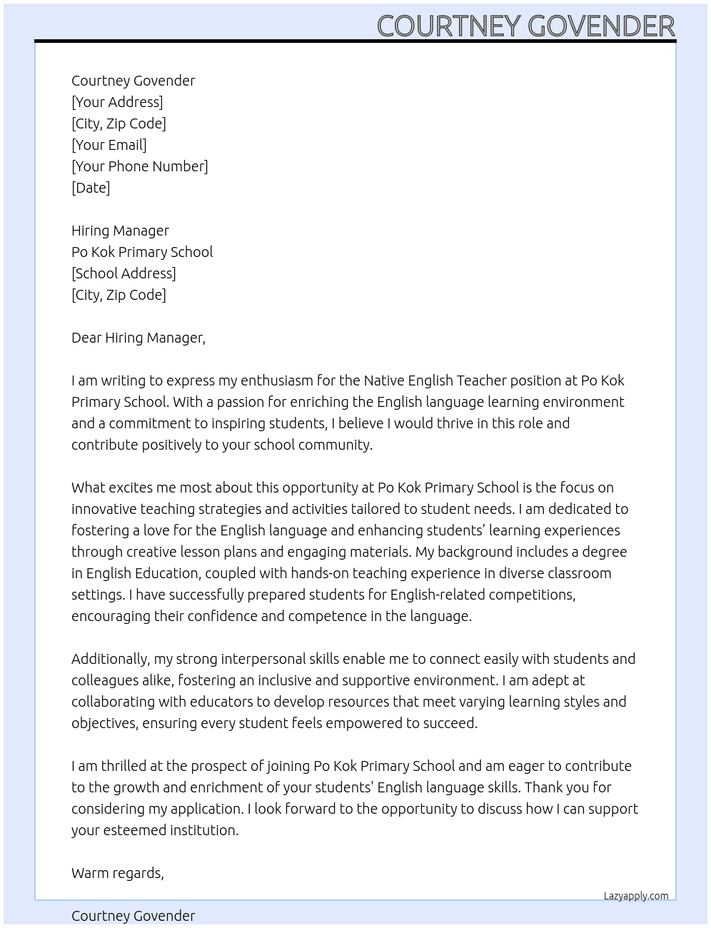 Native English Teacher  At Po Kok Primary School Cover Letter