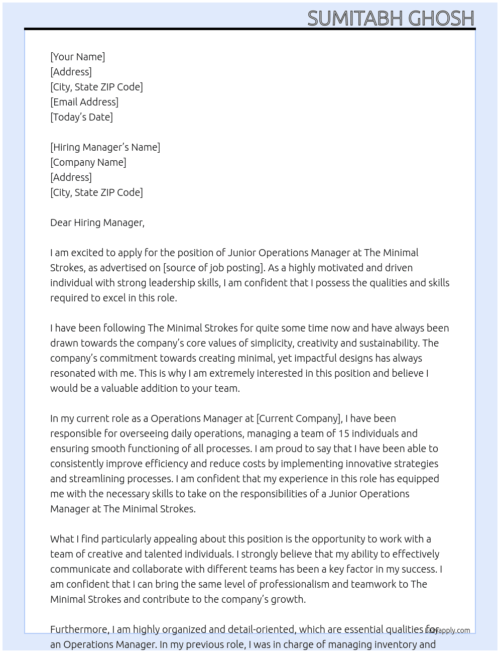 Junior Operations Manager At The Minimal Strokes Cover Letter