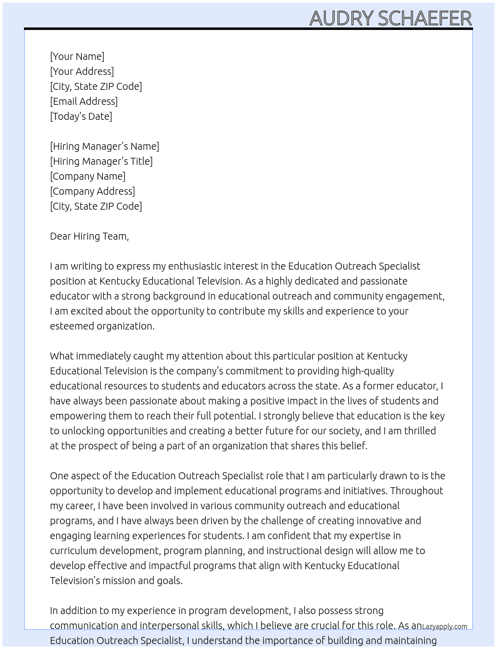 Education Outreach Specialist At Kentucky Educational Television Cover Letter