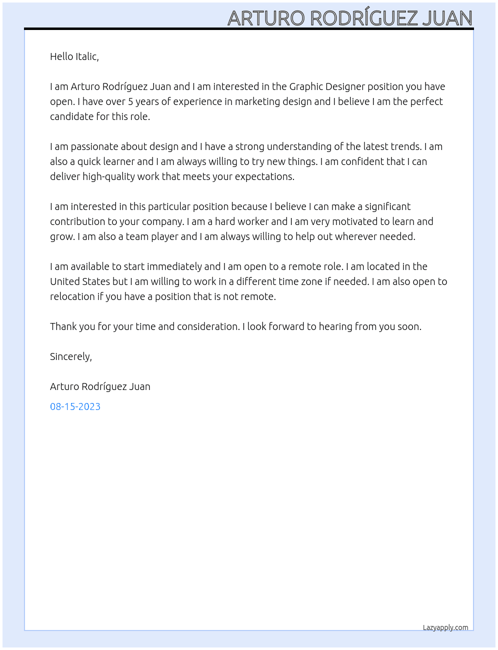 Graphic Designer At Italic Cover Letter