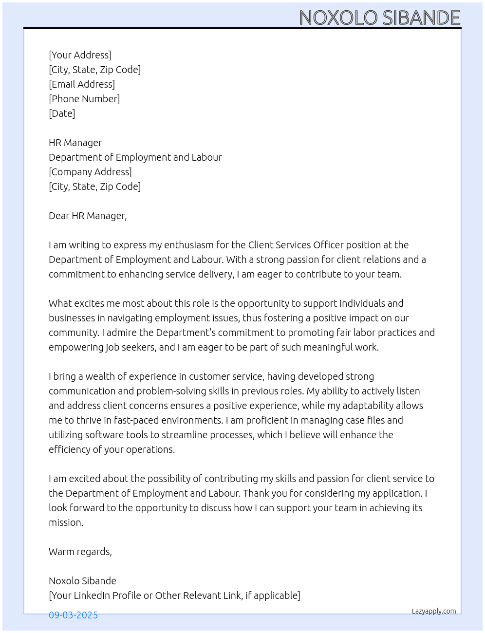 Client Services Officer At Department of Employment and Labour Cover Letter