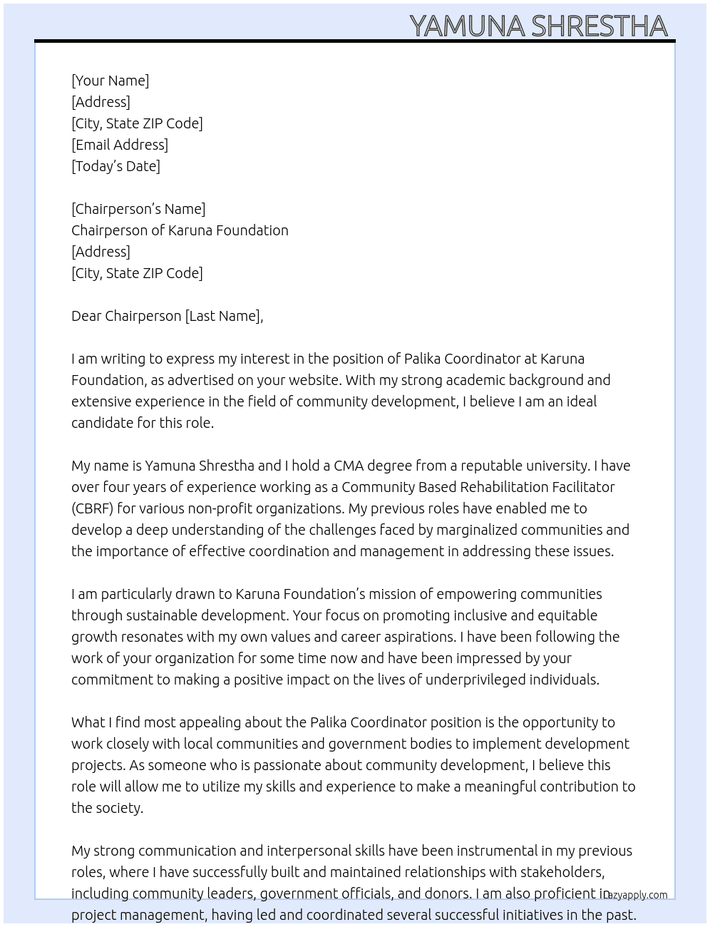 Palika coordinator  At Karuna foundation  Cover Letter