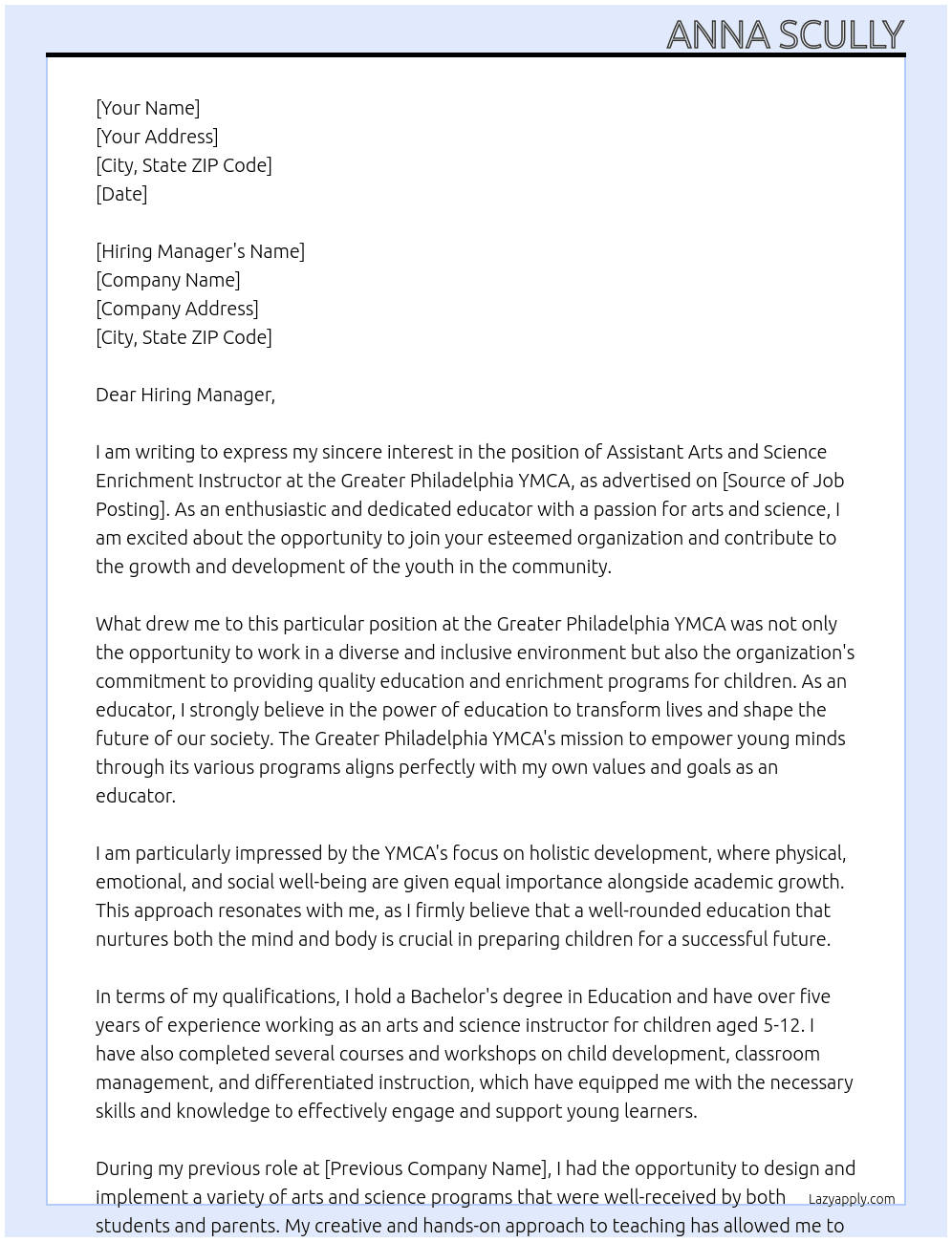 Assistant Arts and Science Enrichment Instructor At Greater Philadelphia YMCA Cover Letter