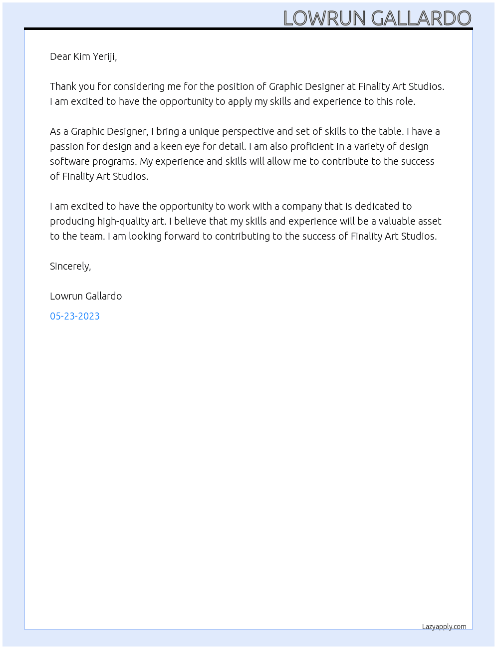 Graphic Designer At Finality Art Studios Cover Letter