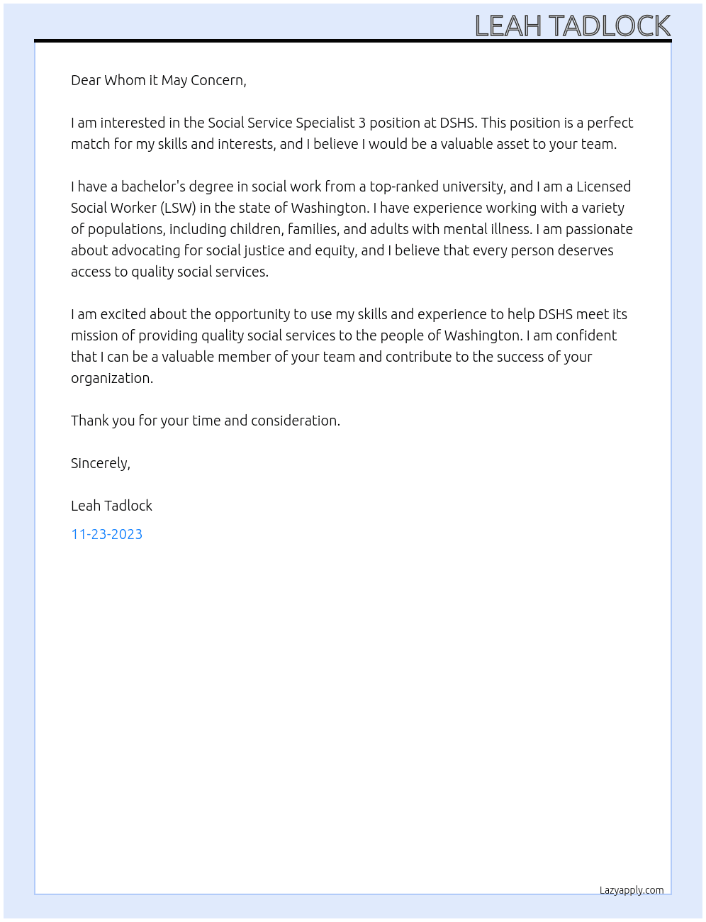 Social Service Specialist 3 At DSHS Cover Letter