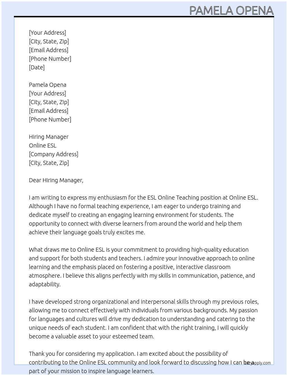 ESL Online Teaching No Experience but willing to undergo training At Online Esl  Cover Letter