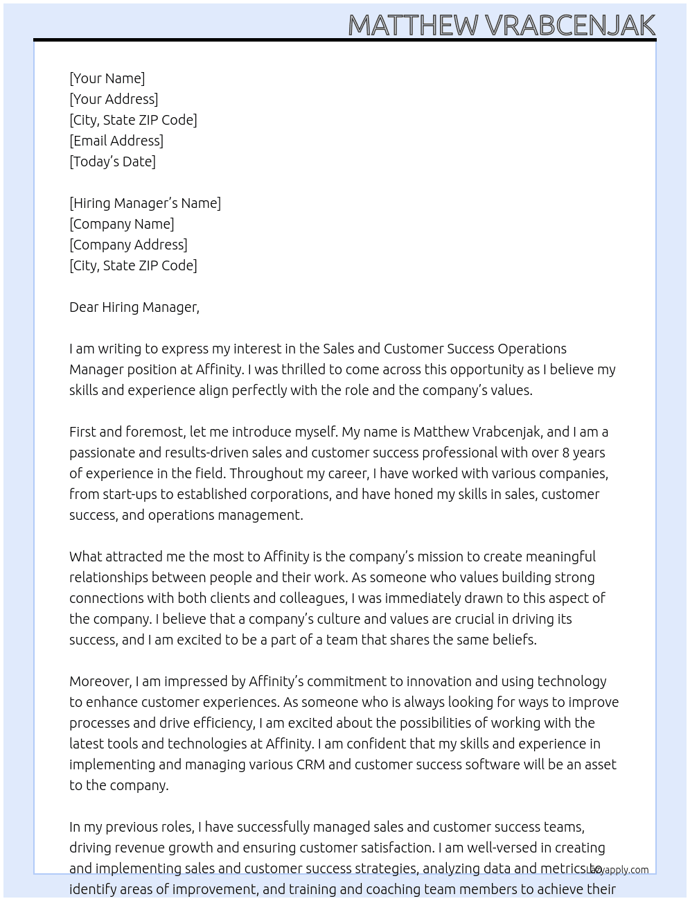 Sales and Customer Success Operations Manager At Affinity Cover Letter