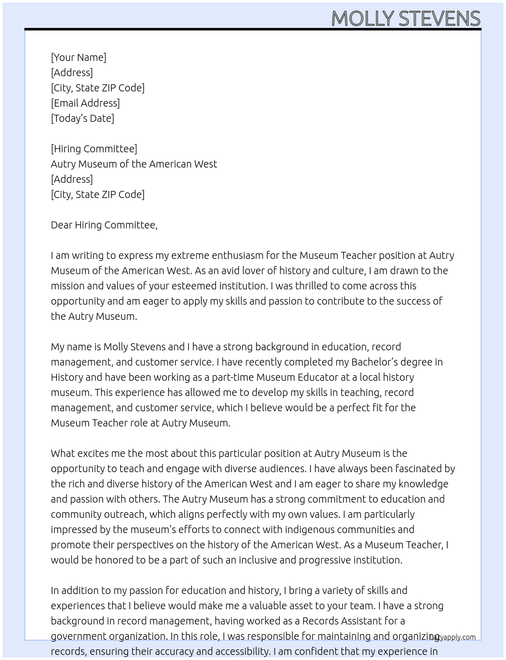 Museum Teacher At Autry Museum of the American West  Cover Letter