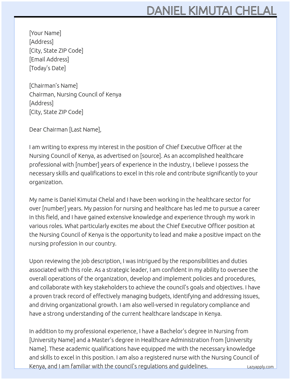 chief executive officer At nursing council of kenya Cover Letter