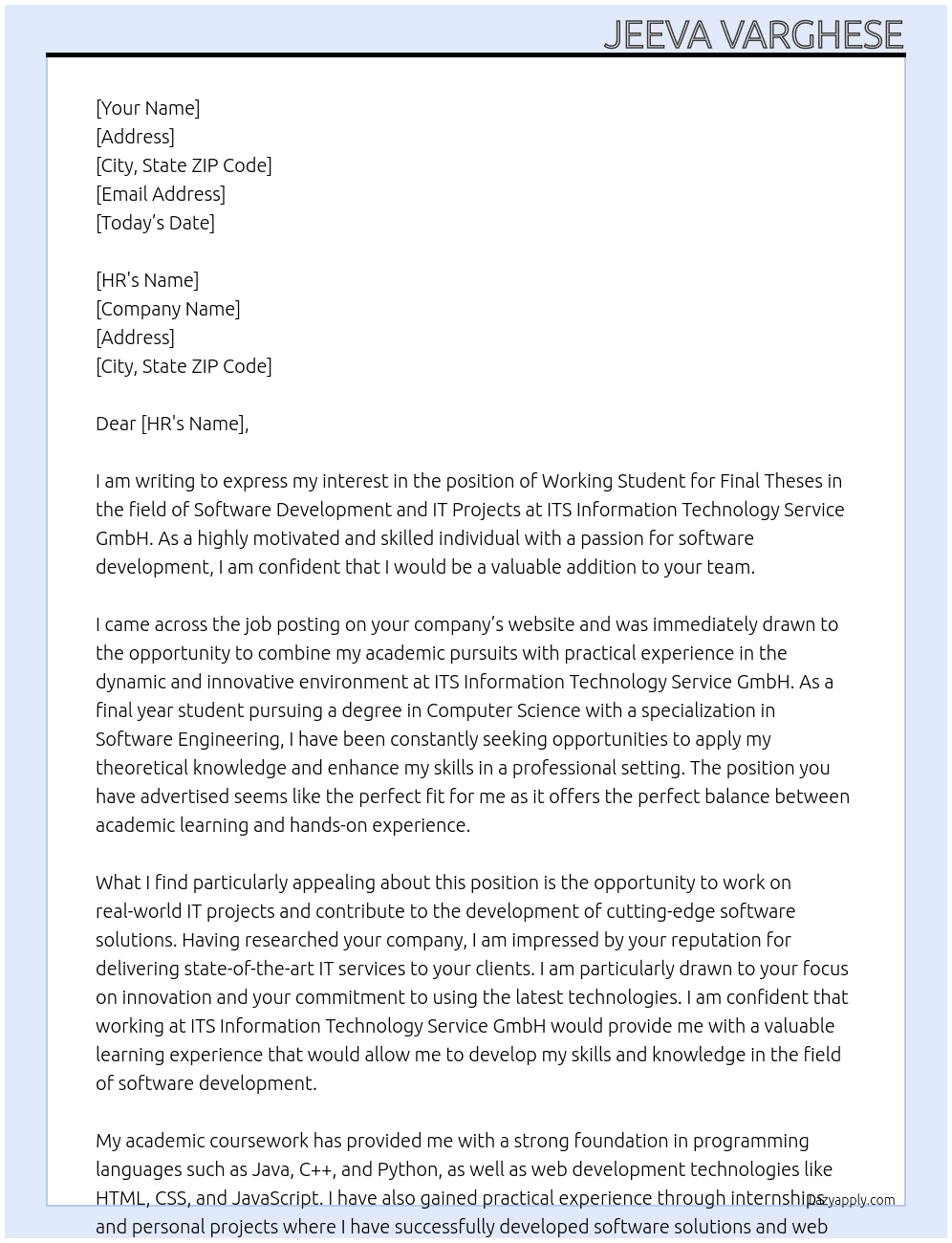 Working students (m/f/d) final theses in the field of software development and IT projects At ITS Information Technology Service GmbH Cover Letter