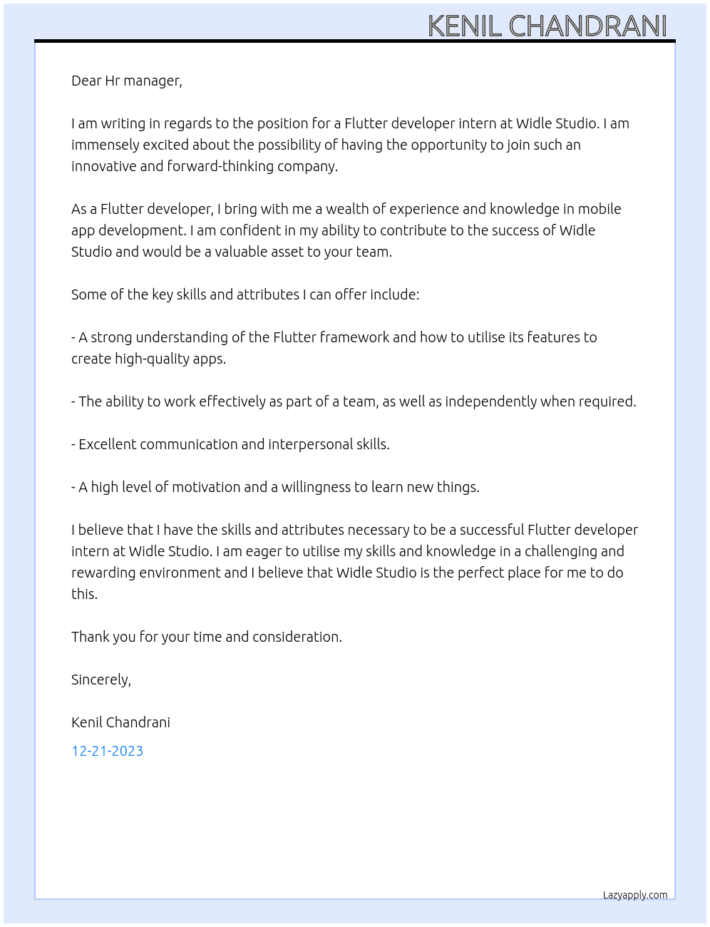Flutter developer(intern) At Widle Studio Cover Letter