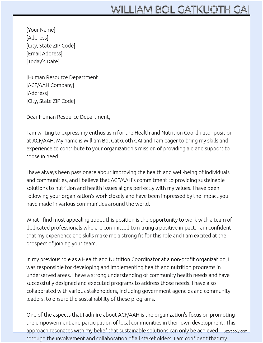 Health and nutrition coordinator  At ACF/AAH Cover Letter